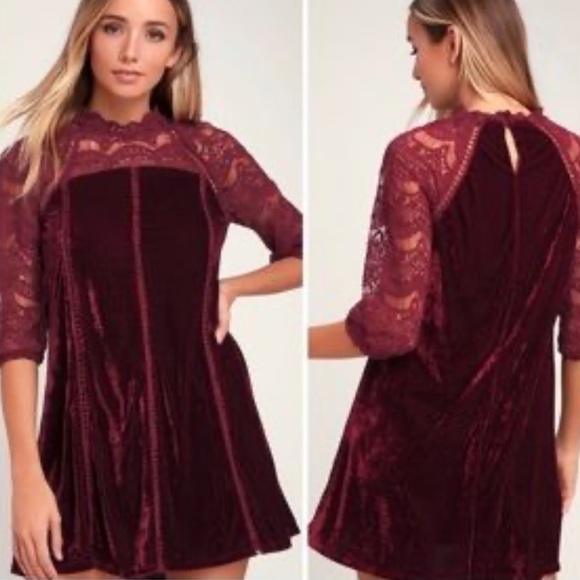 Lulus Love Me Always Dress Burgundy Velvet  Crocheted Lace Sleeves Shift Sz XS - Picture 4 of 16